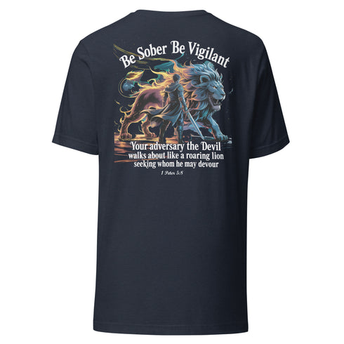 Be Sober Be Vigilant Lion (Back) Christian Bible Verse T-Shirt